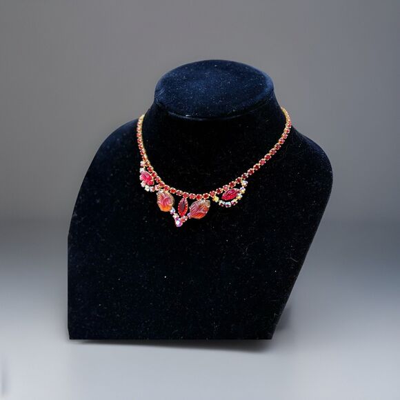 Vintage Red Rhinestone Necklace Mid-Century Molded Glass Choker Aurora Borealis - Picture 2 of 9
